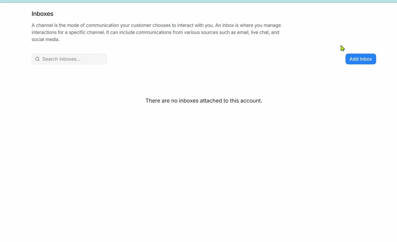 Halaman Settings, Inboxes dengan Add Inbox