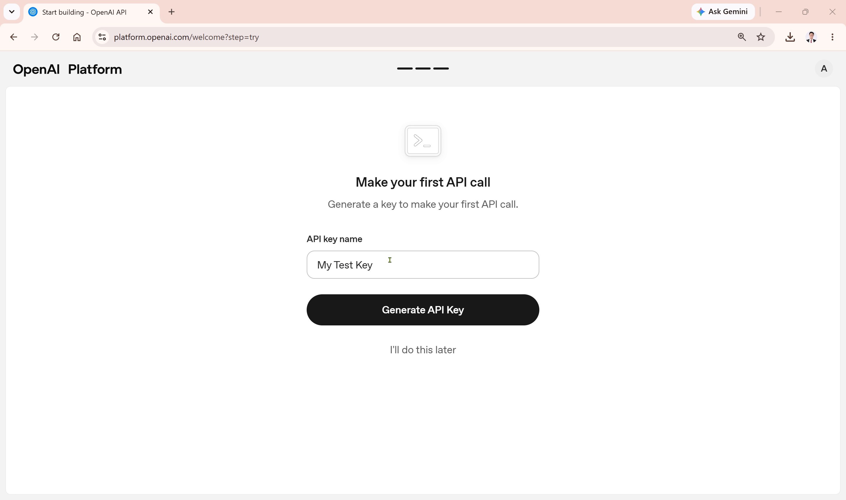 Skrin penjanaan kunci API pertama OpenAI