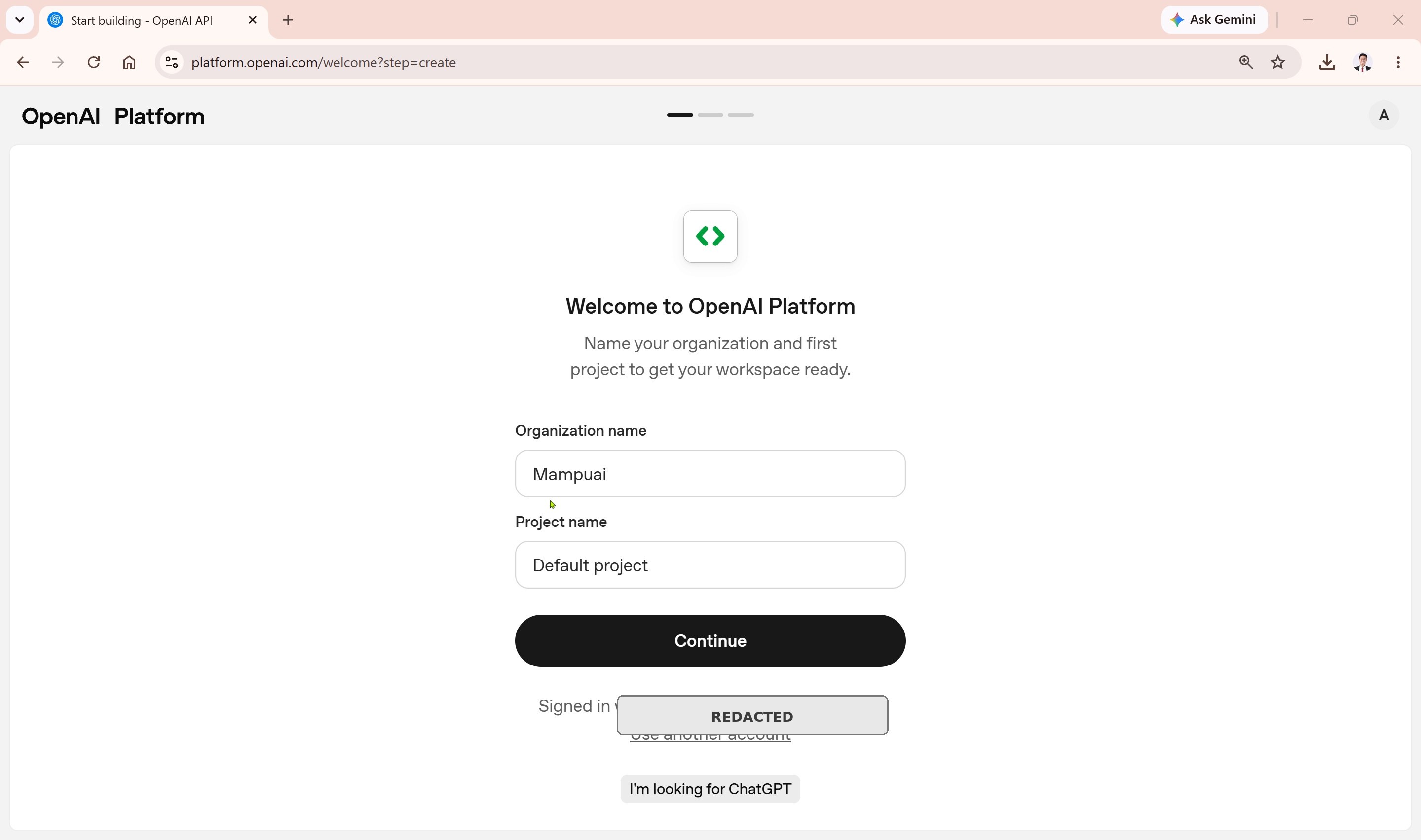 Skrin persediaan organisasi dan projek OpenAI