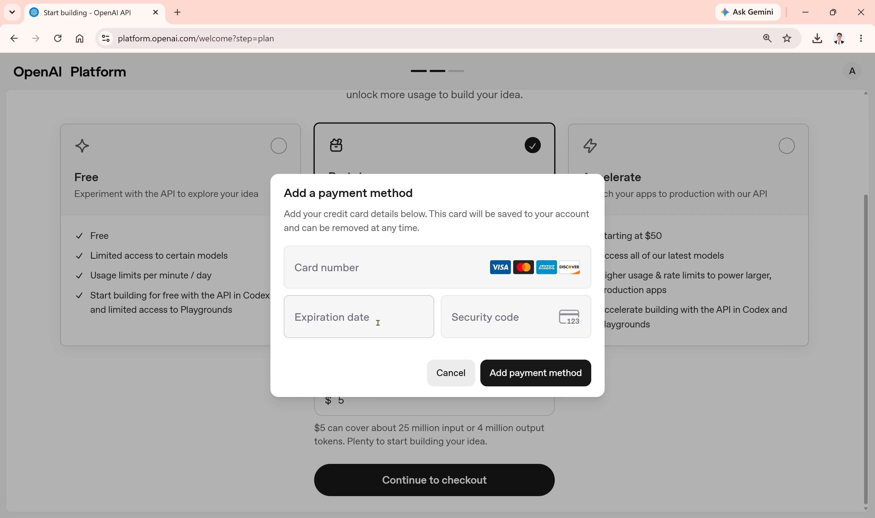 Skrin tambah kaedah pembayaran OpenAI