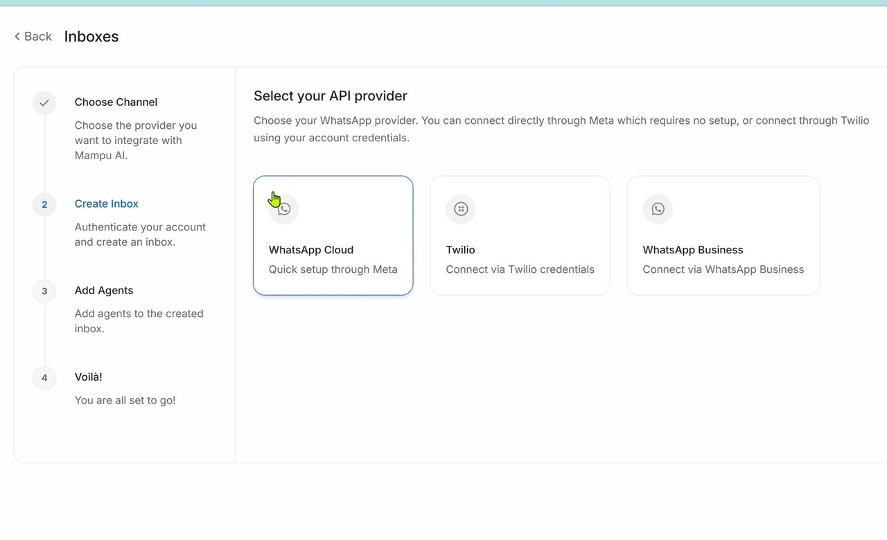 Pilih penyedia API, pilih WhatsApp Cloud