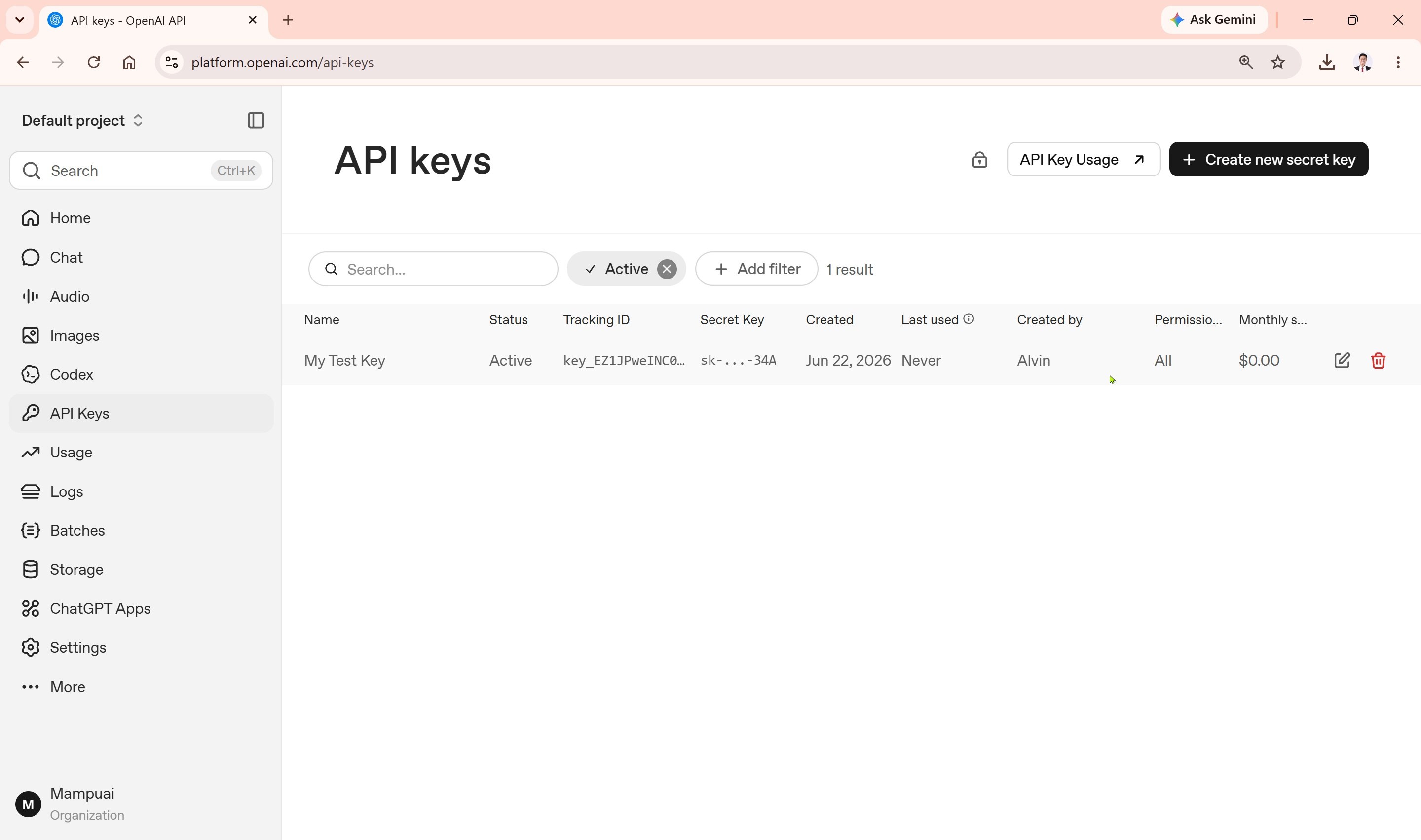 Halaman API keys OpenAI