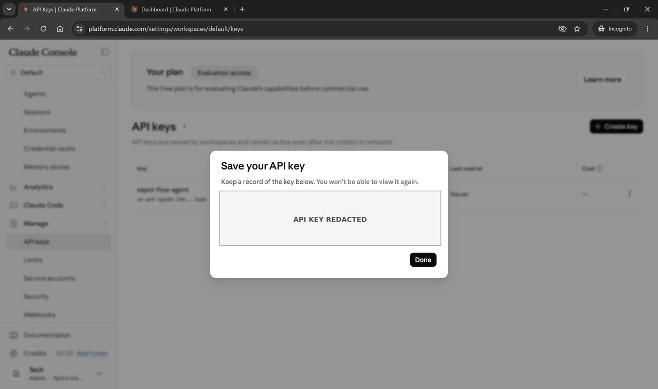 Dialog Save your API key — nilai kunci disamarkan