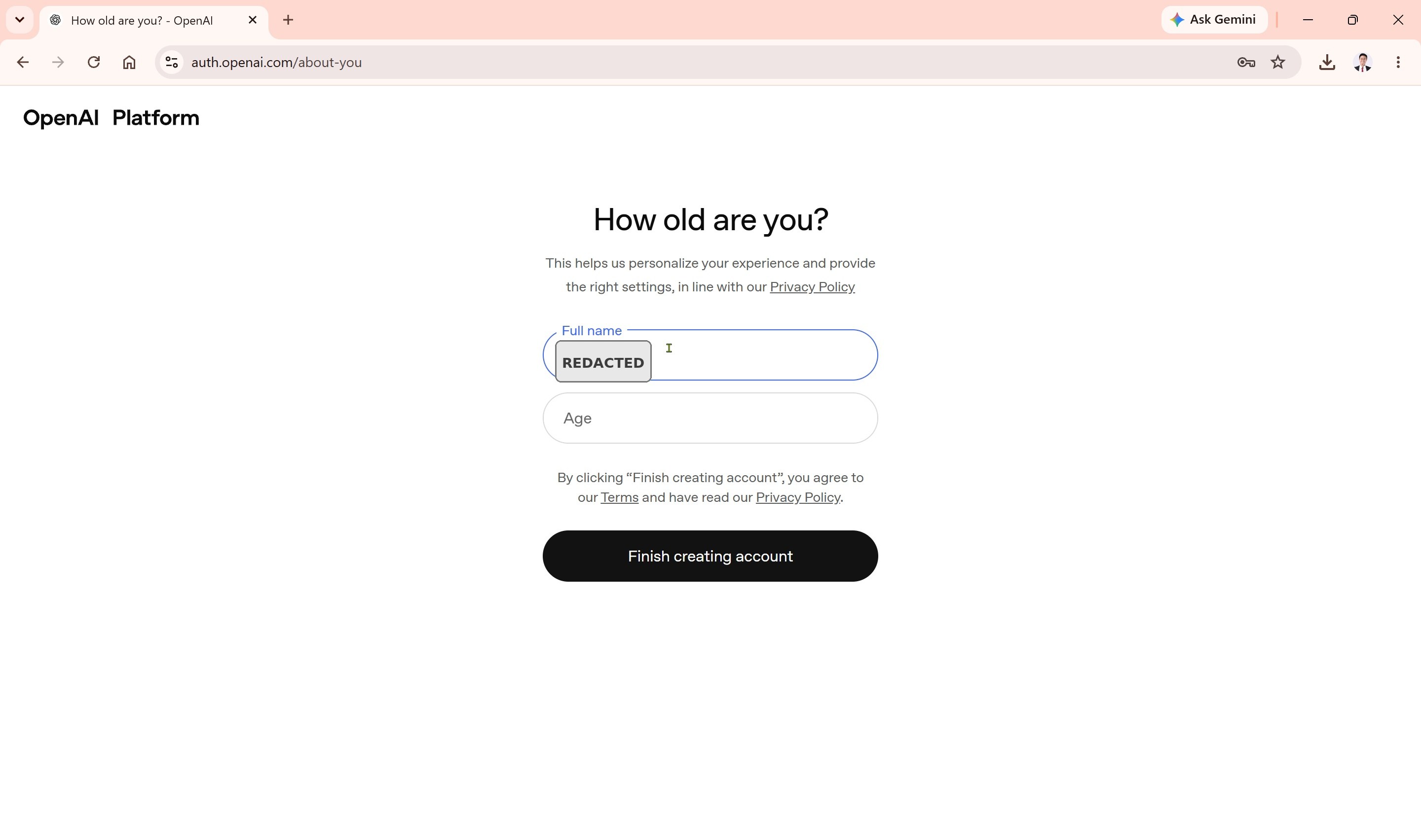 Skrin persediaan profil akaun OpenAI