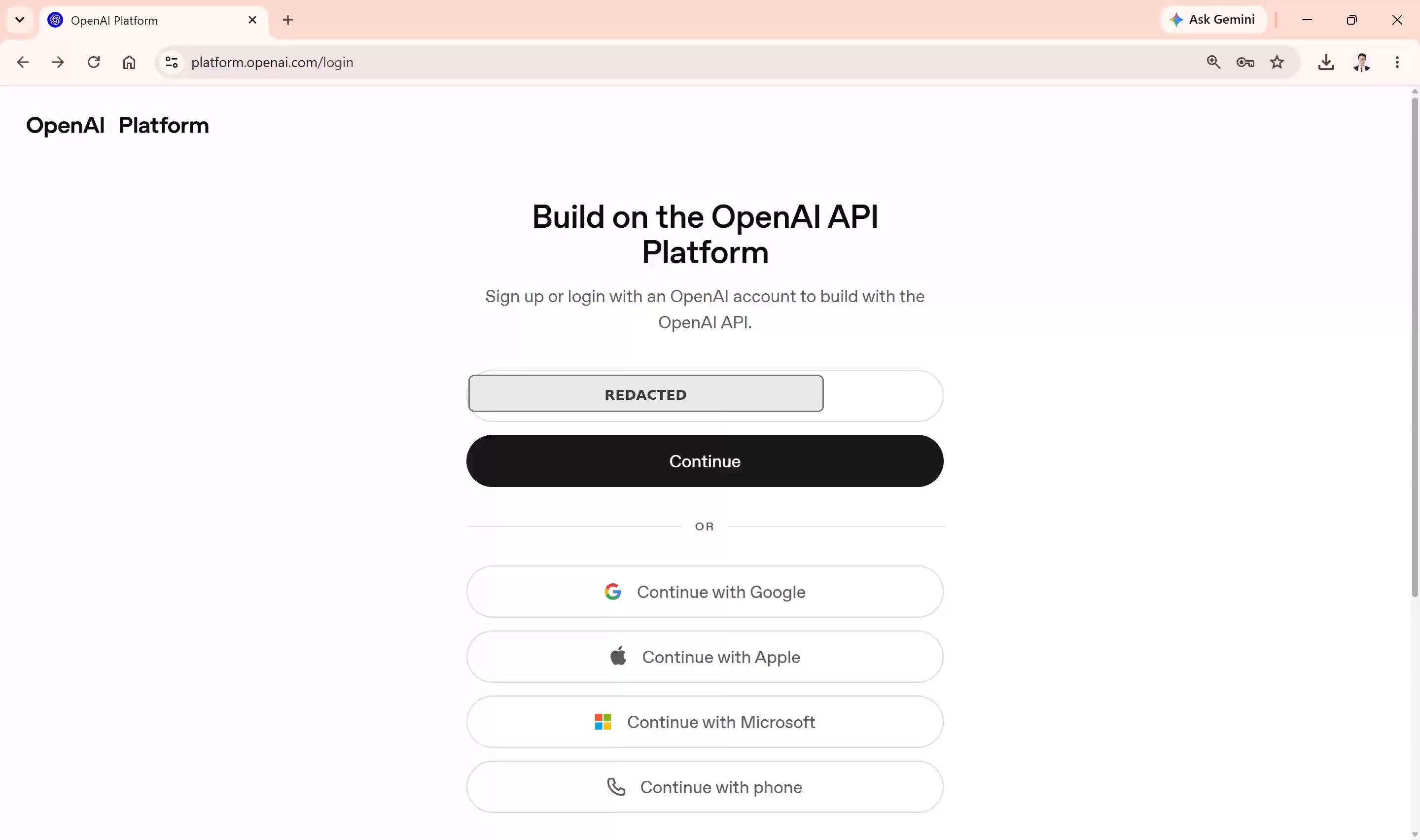 Skrin log masuk OpenAI Platform
