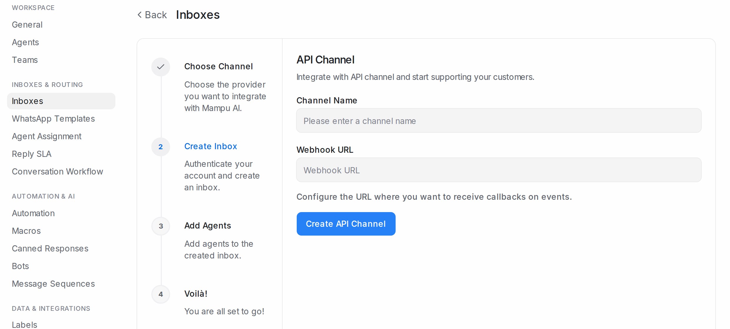 API channel form
