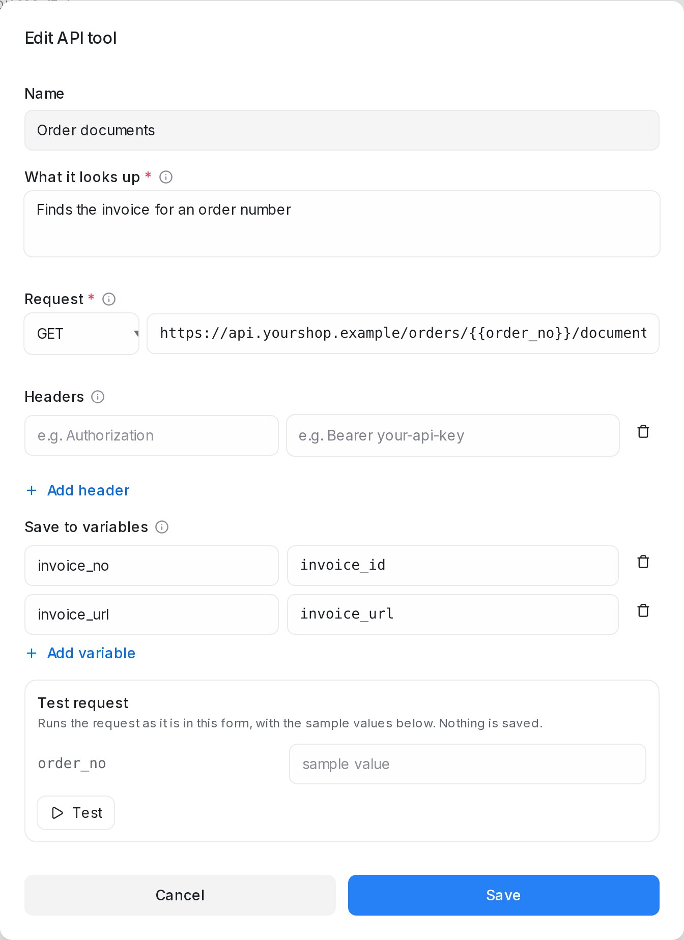 Editing an API tool: name, request, saved variables and test