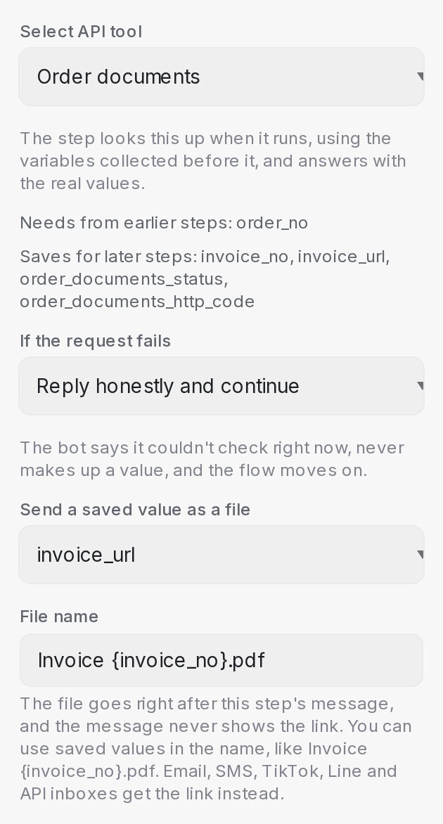 The Tool section of a message step with an API tool