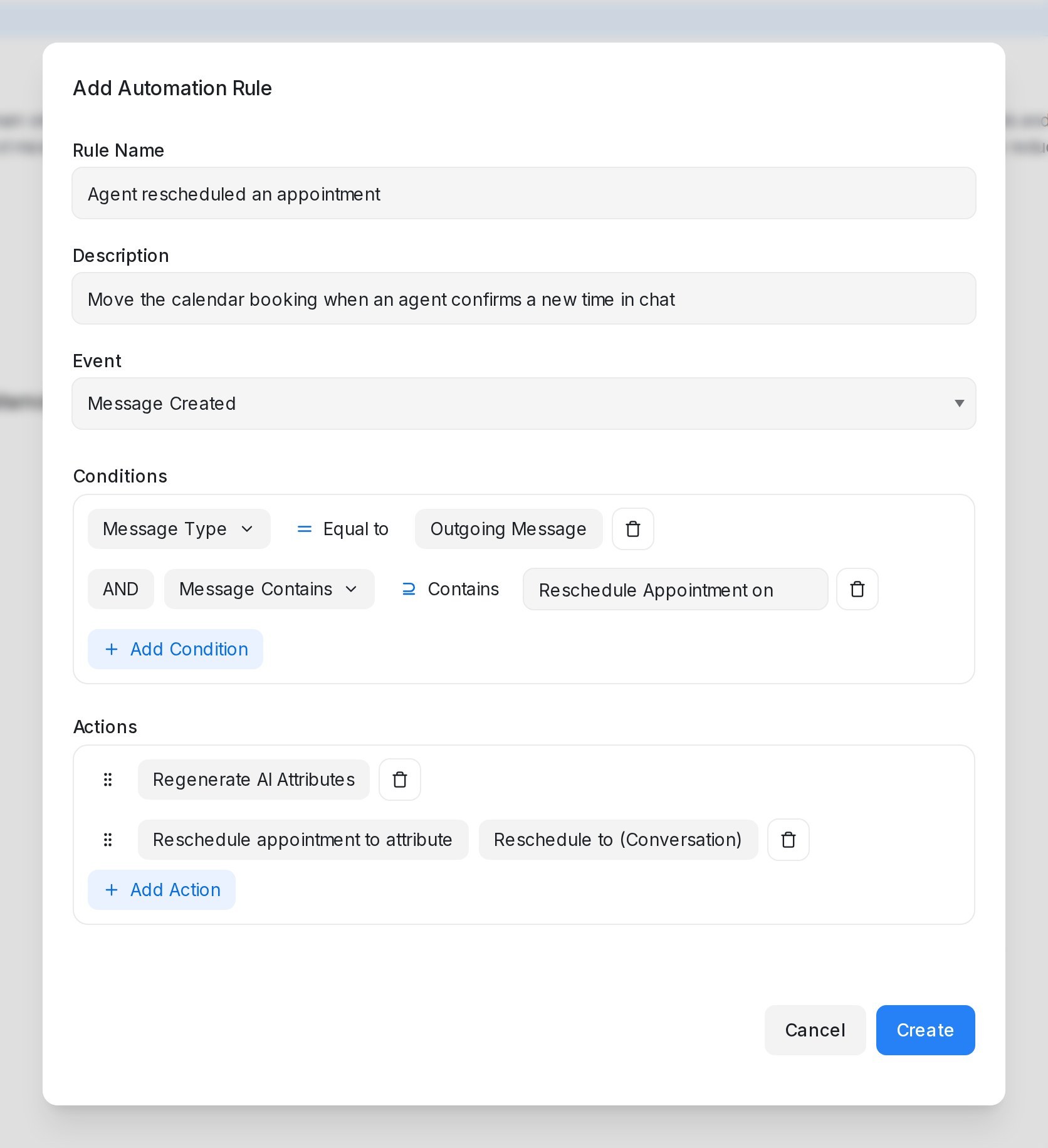 Automation rule that regenerates AI attributes and then reschedules the appointment