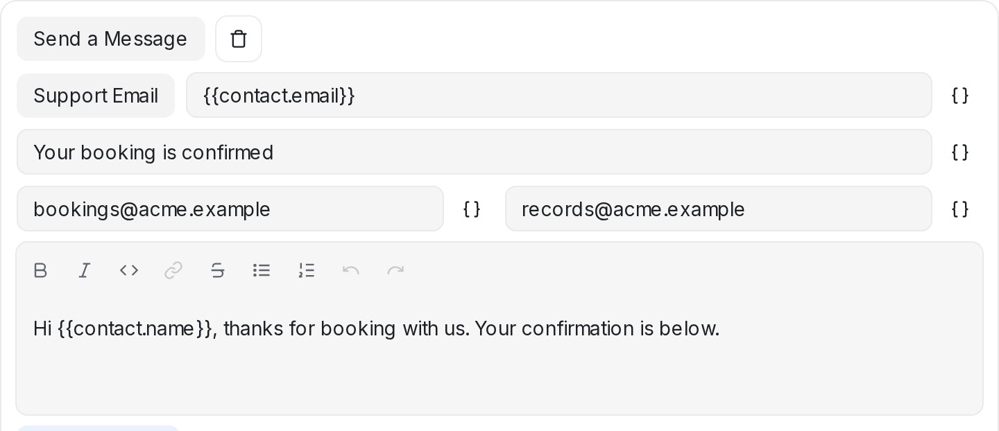 Subject, Cc and Bcc on a Send a Message action going out through an email inbox