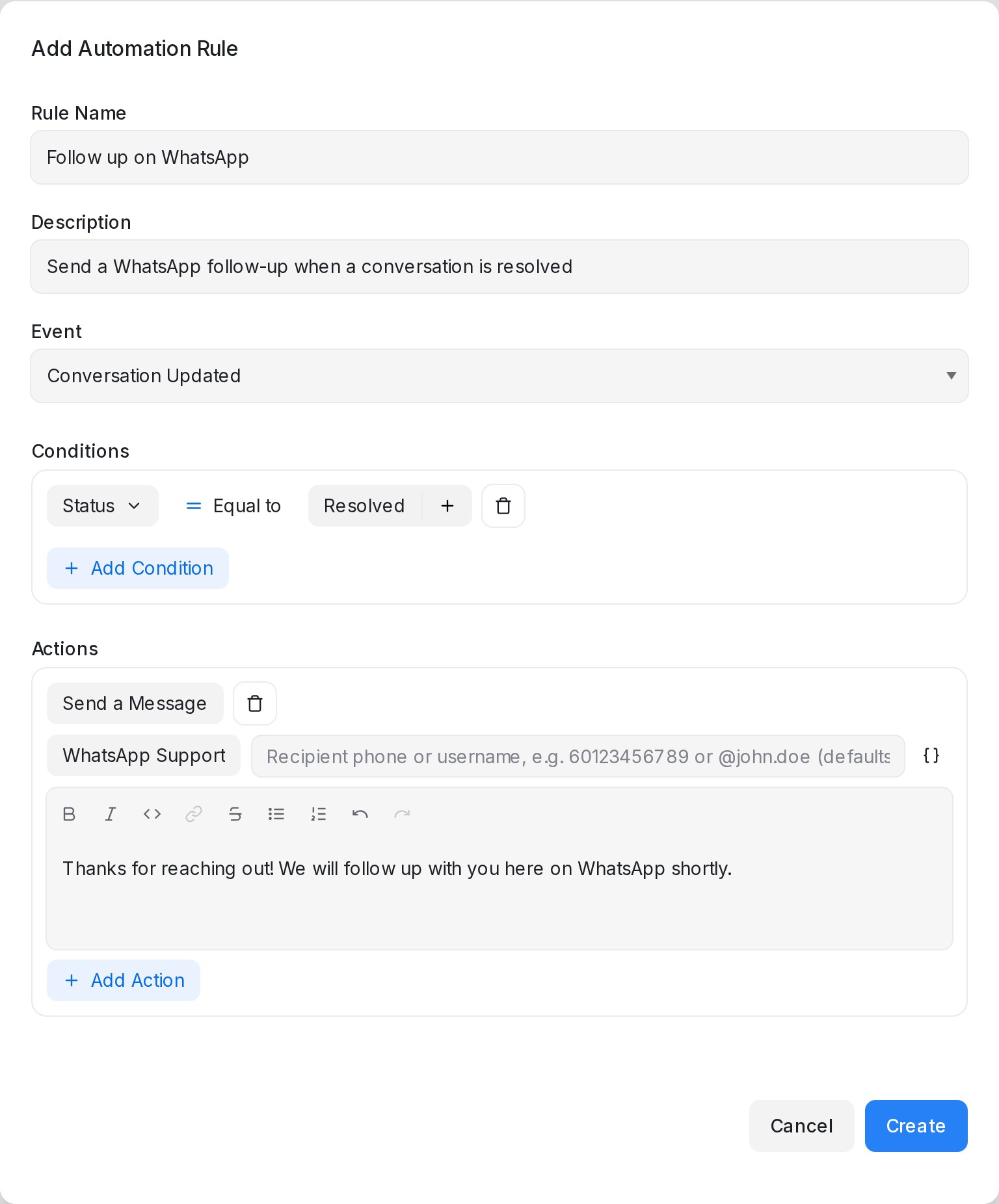 The Send a Message action targeting a WhatsApp inbox
