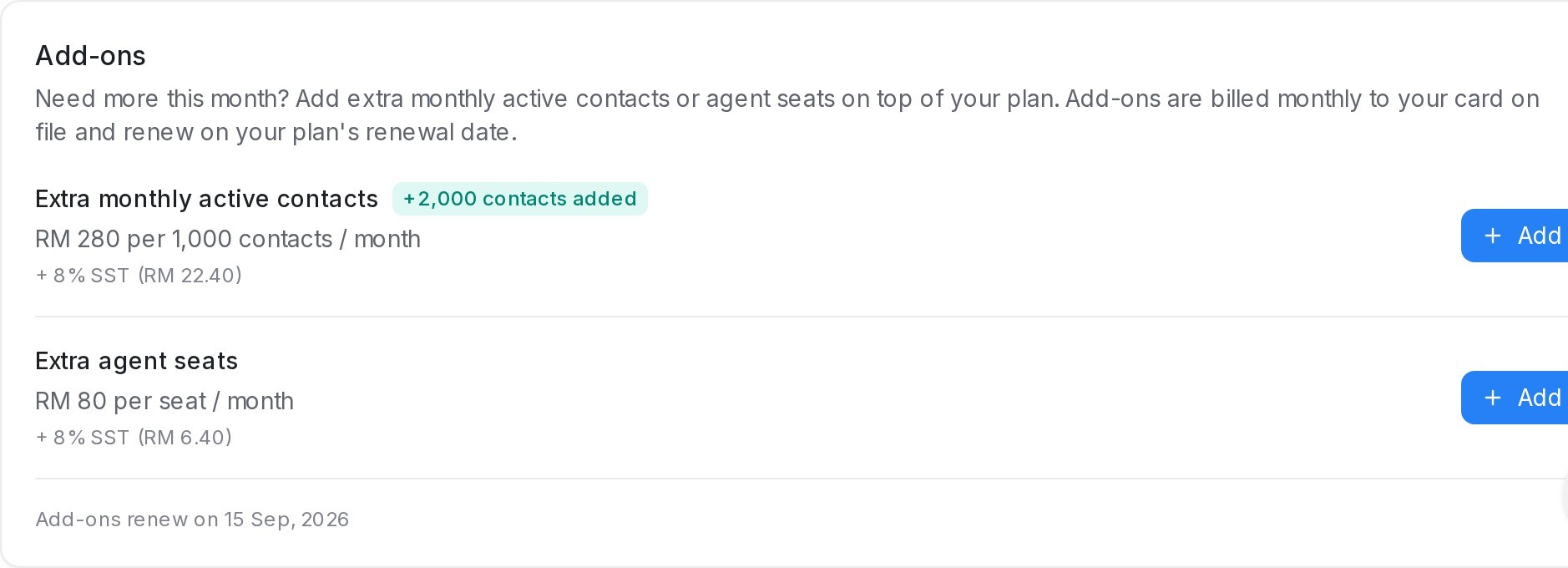 Add-ons card on the Billing page