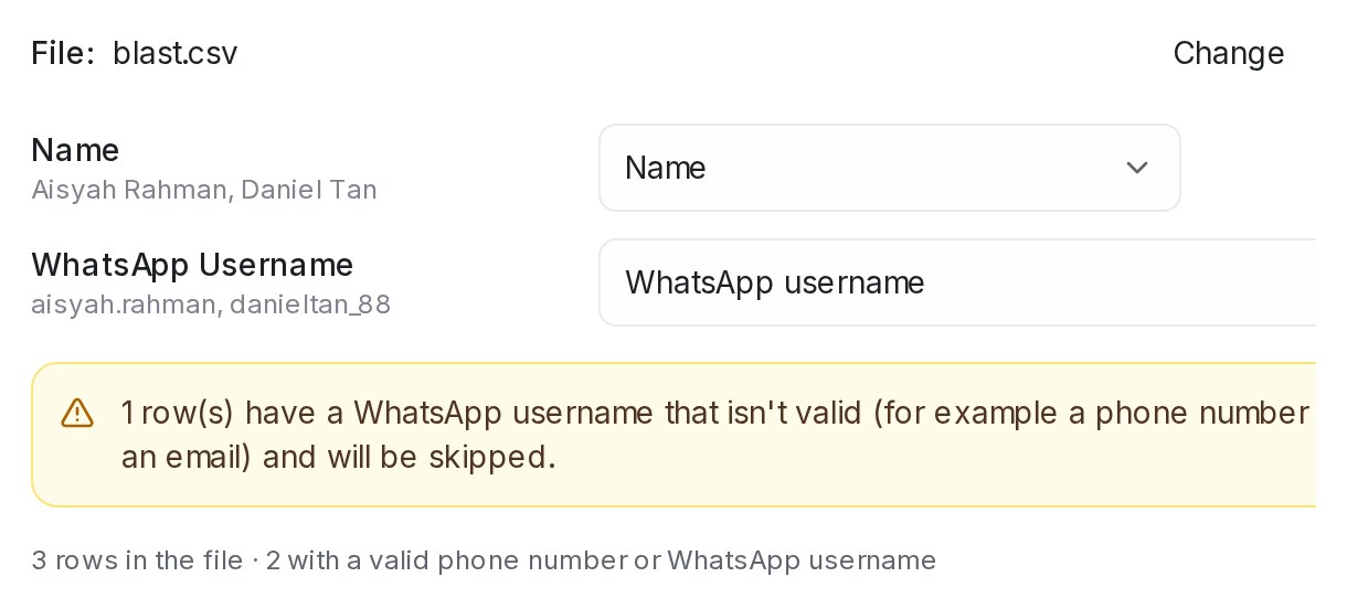 A WhatsApp Username column in Upload a list, with the count of rows that can be reached