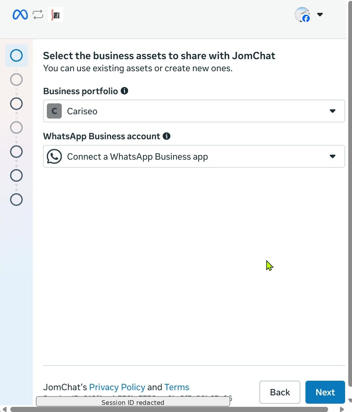 Pilih Connect a WhatsApp Business app, kemudian Next
