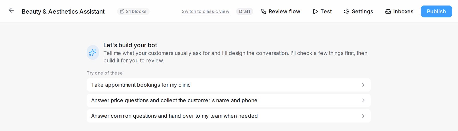 The chat designer before you describe your bot