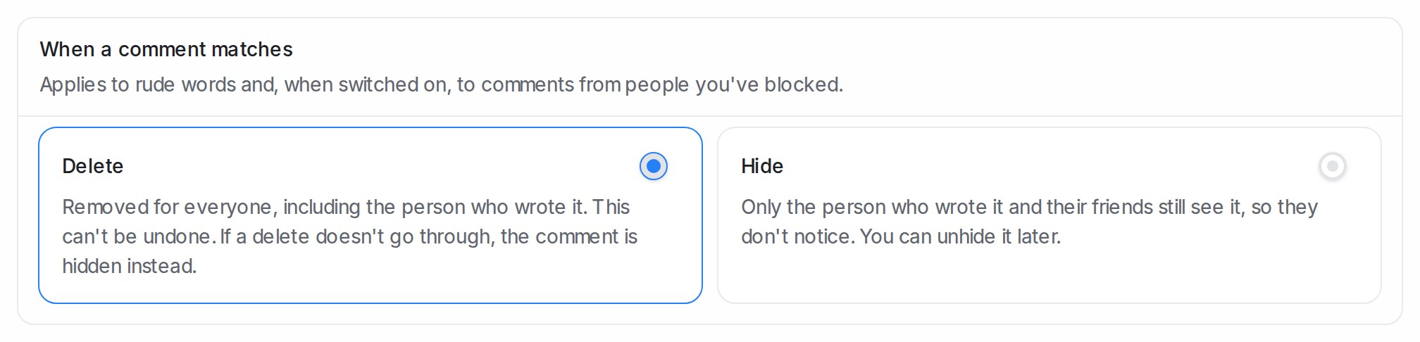 When a comment matches, dengan Delete dipilih