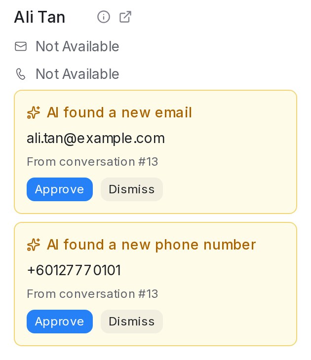 AI found a new email and AI found a new phone number cards with Approve and Dismiss