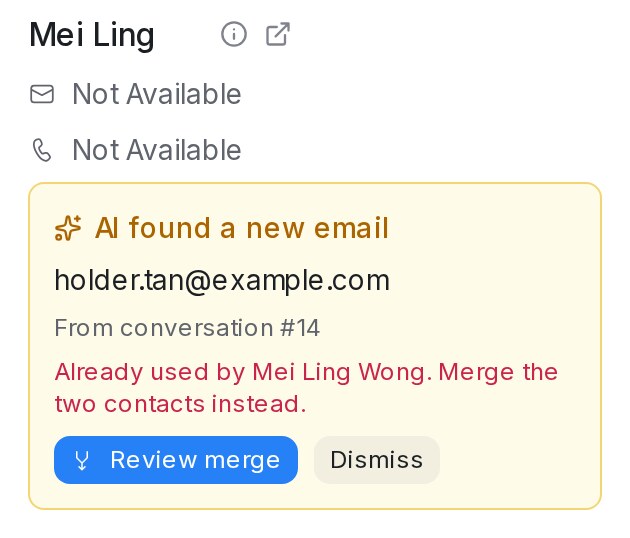 Card showing Already used by another contact with Review merge and Dismiss