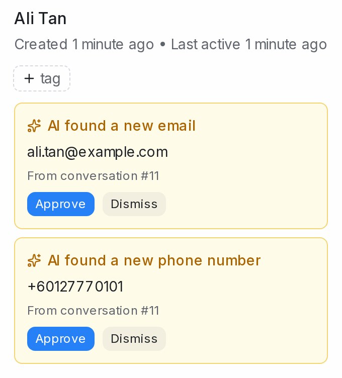 The AI found a new email and phone number cards on the contact's page
