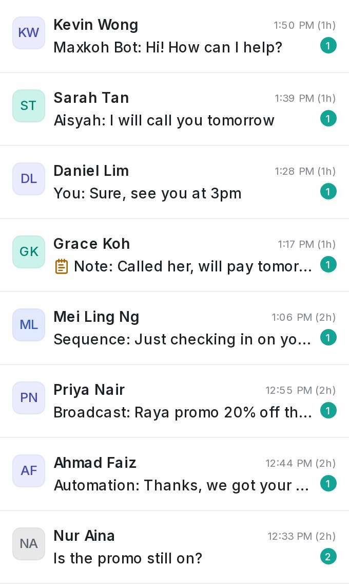 Conversation list rows starting with the sender of the last message