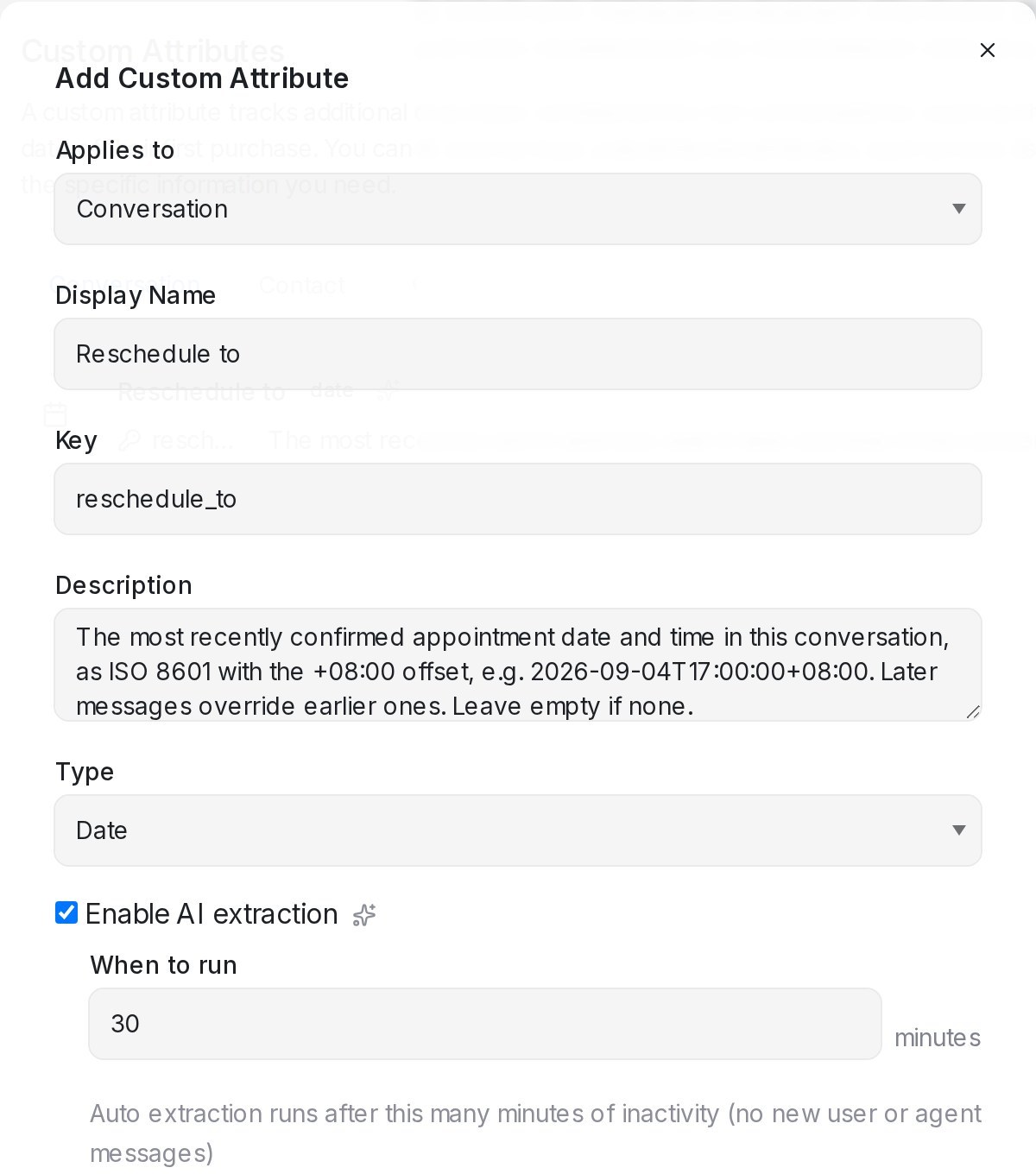 Add Custom Attribute dialog for a date attribute with AI extraction enabled