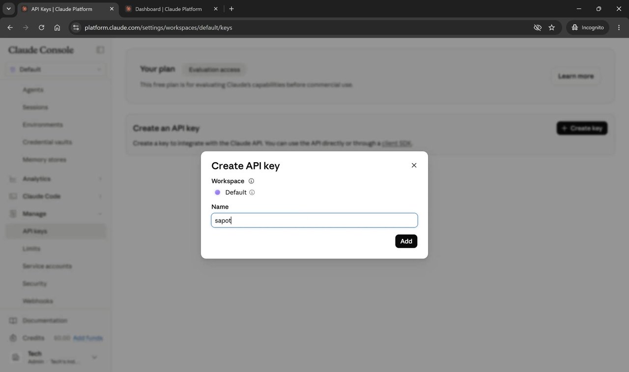 Dialog Create API key dengan medan nama kunci