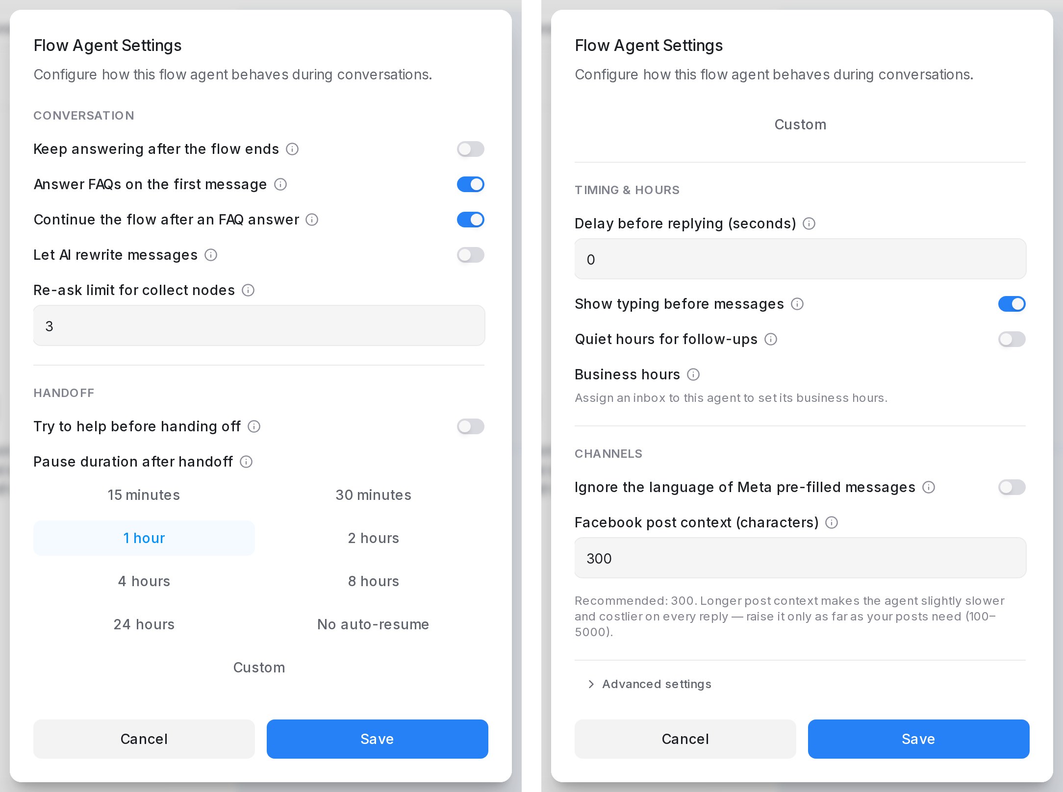 Flow Agent Settings grouped into Conversation, Handoff, Timing & hours and Channels