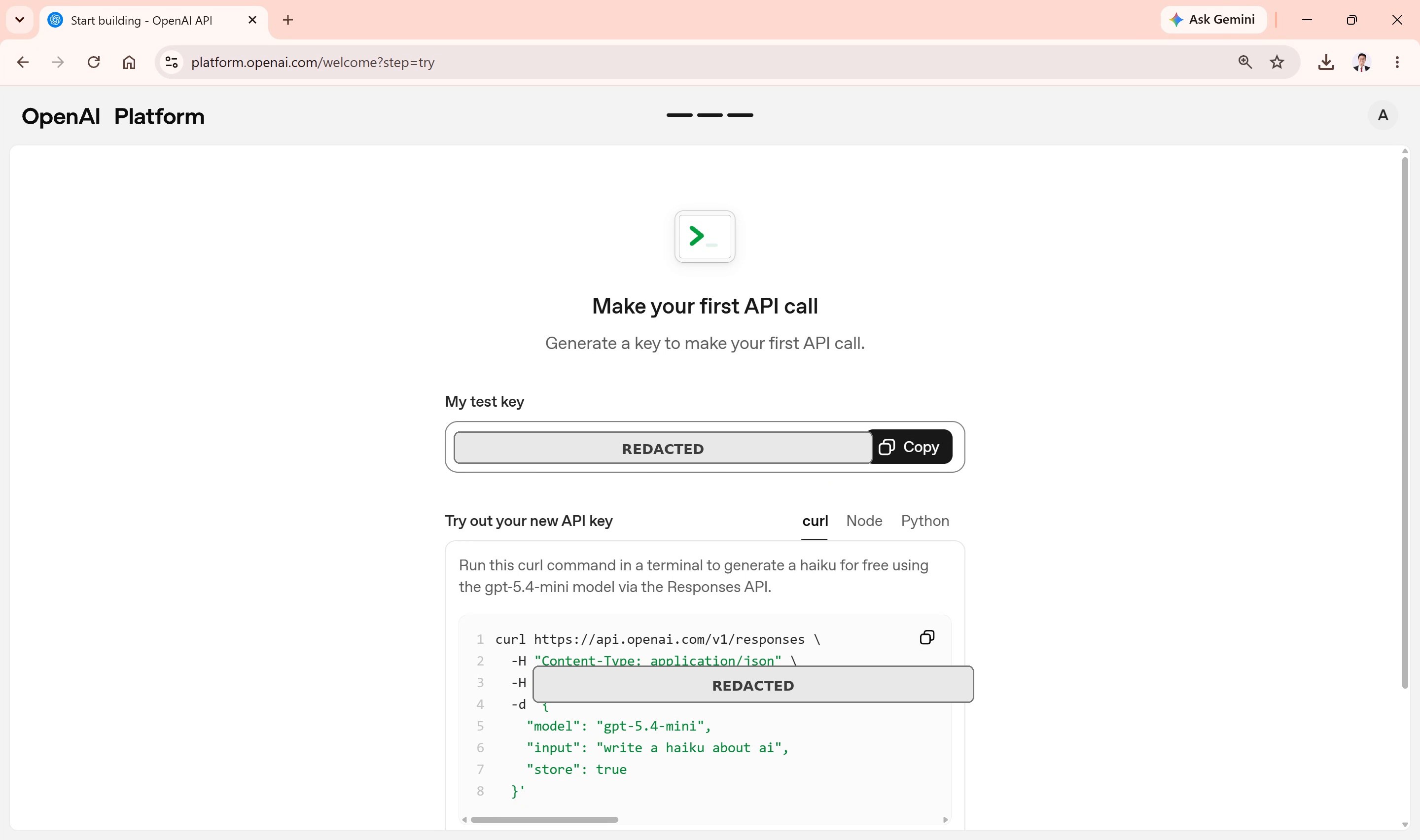 Skrin kunci API yang dijana oleh OpenAI