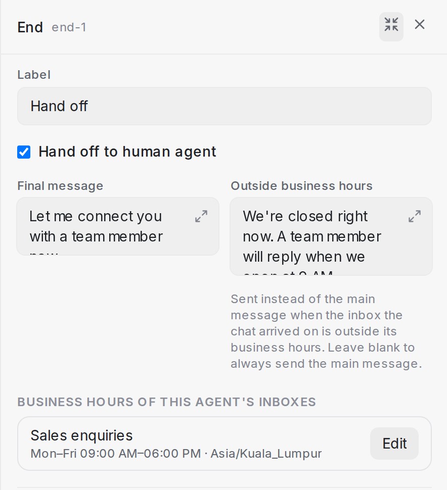 The End step panel with both messages and the inbox business hours