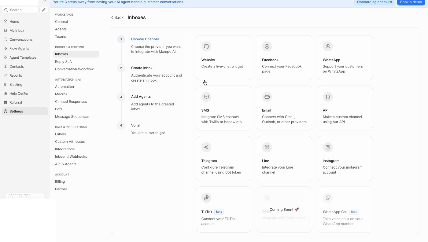 Senarai saluran Add Inbox dengan Facebook diserlahkan