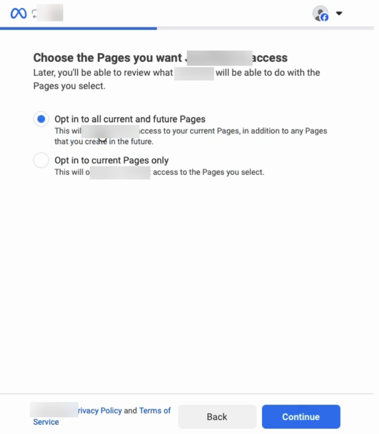 Skrin Facebook untuk memilih Halaman yang hendak dikongsi