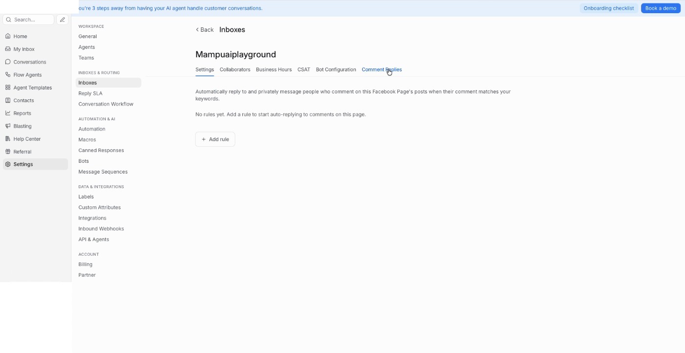 Tab Comment Replies dengan butang Add rule