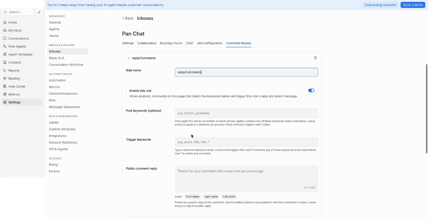 Peraturan Comment Replies dengan nama, kata kunci siaran dan kata kunci pencetus