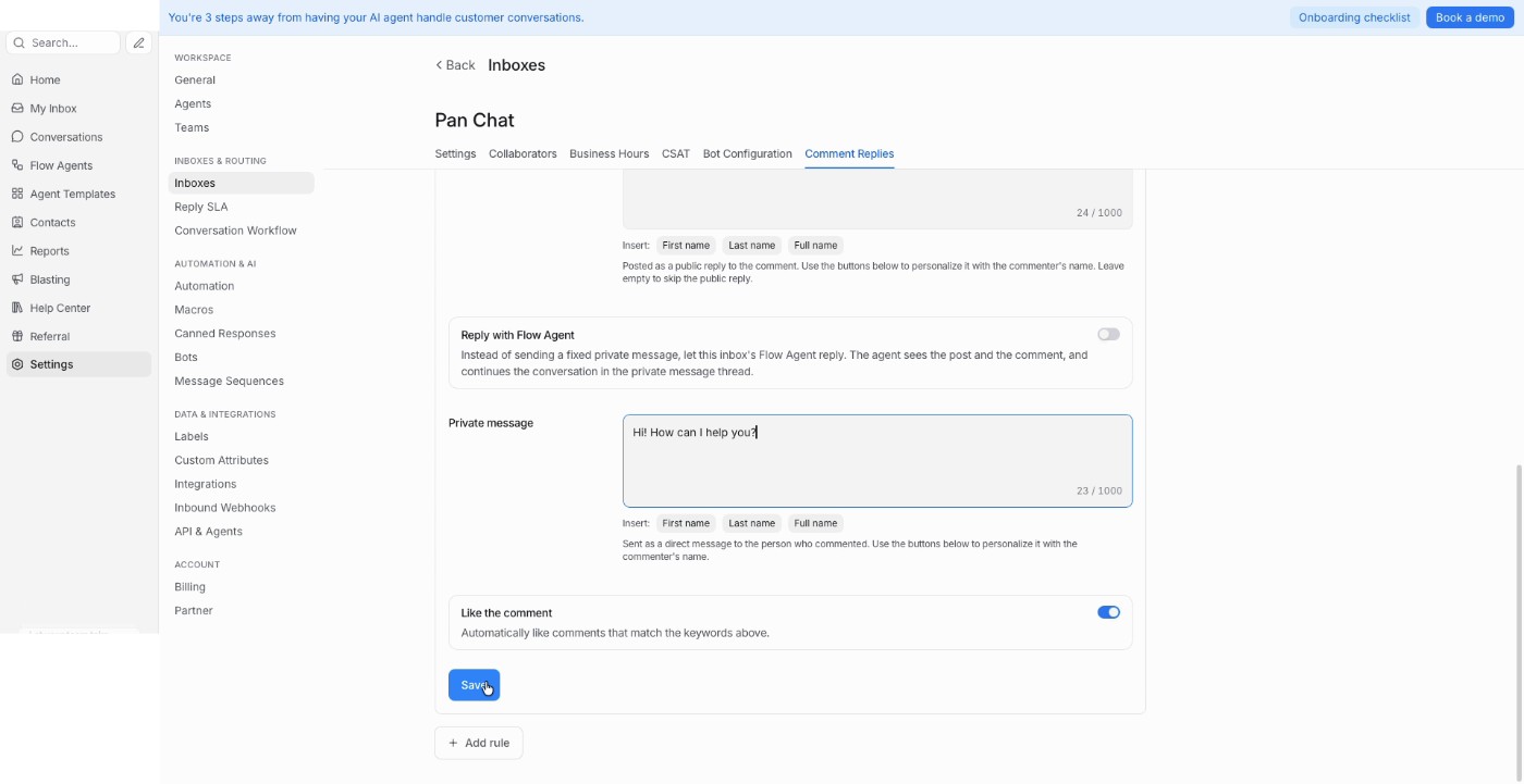 Tetapan Reply with Flow Agent, Private message dan Like the comment