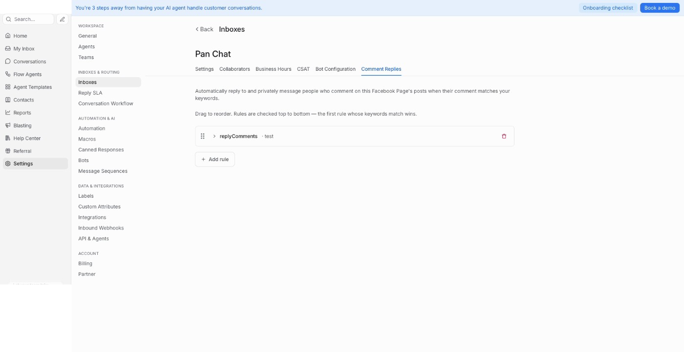 Peraturan yang disimpan tersenarai pada tab Comment Replies