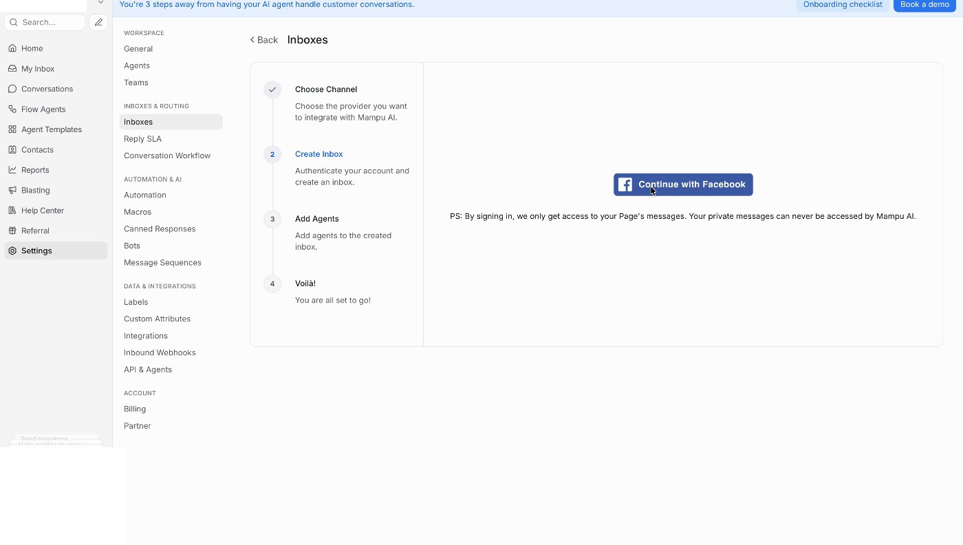 Langkah Create Inbox dengan butang Continue with Facebook