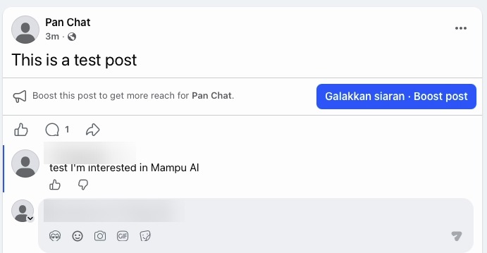 Komen pelanggan pada siaran Halaman Facebook