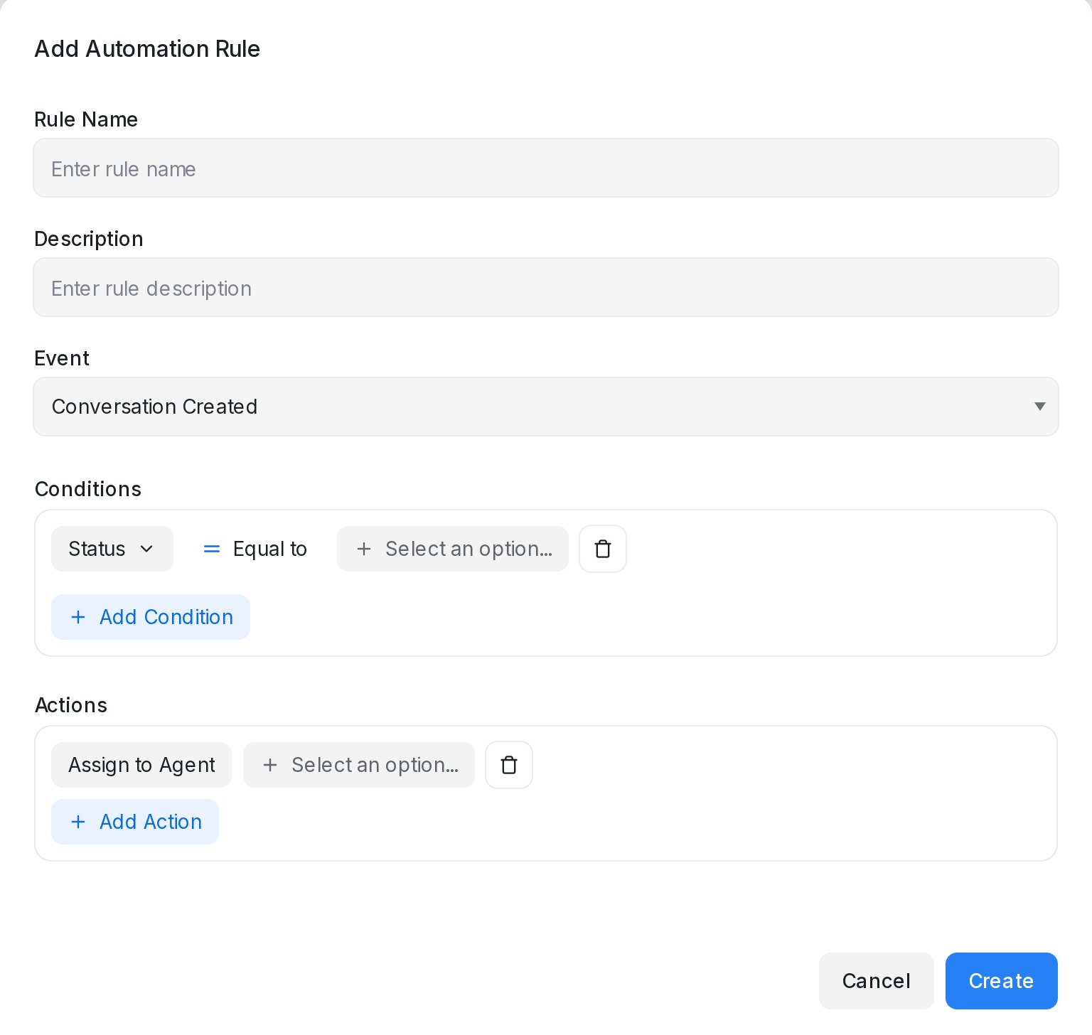 The Add Automation Rule dialog with its Conditions row