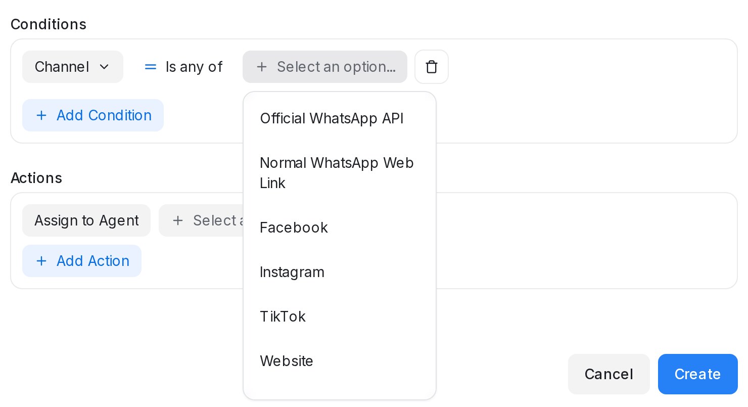 The Channel list open on a condition row, starting with Official WhatsApp API, Normal WhatsApp Web Link, Facebook, Instagram, TikTok and Website