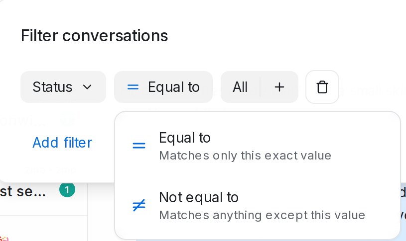 An operator list in the conversation filter, with a one-line meaning under each choice