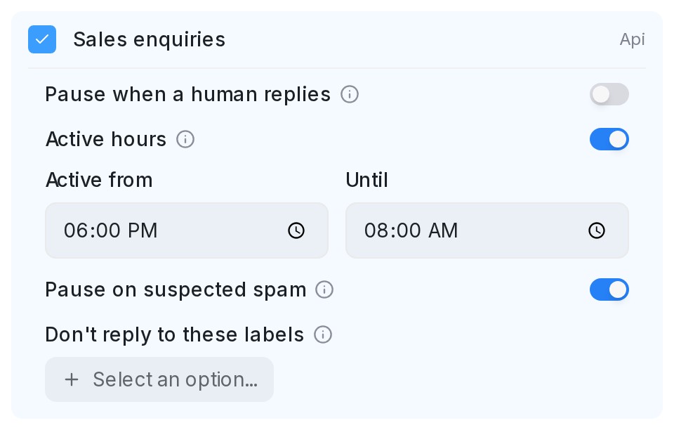 Active hours on an inbox in the Inboxes dialog