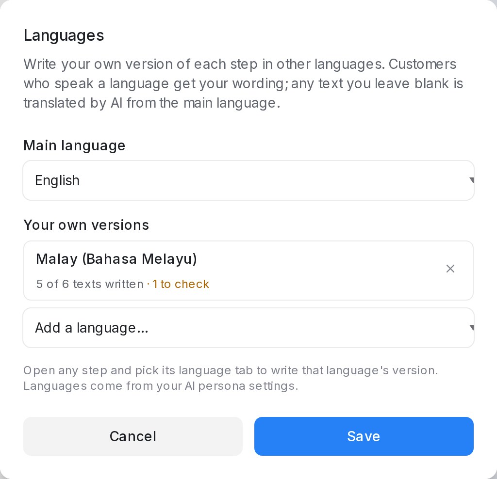 The Languages dialog with English as the main language and Malay added