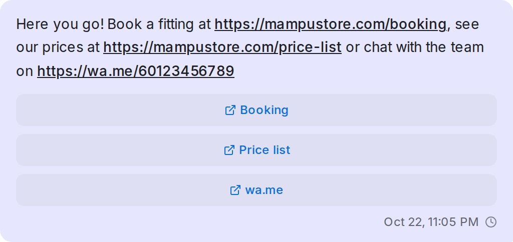 A Messenger reply with three links and a button for each