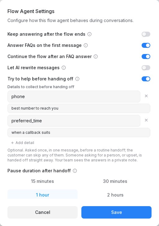 Details to collect before handing off in the agent's Settings