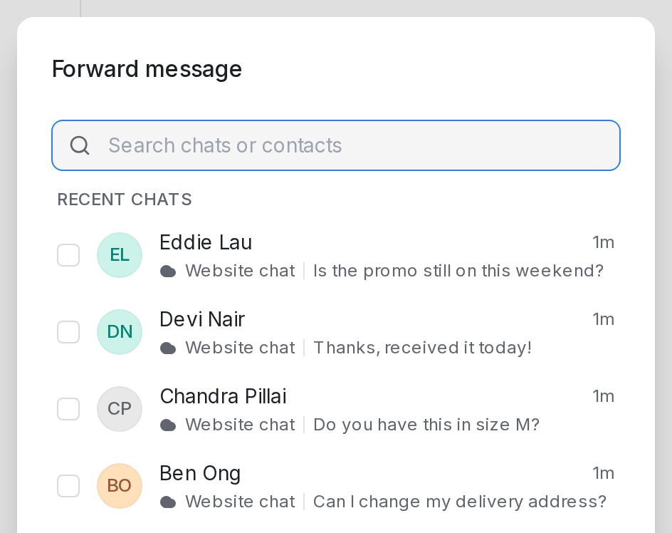 Dialog Forward message yang menyenaraikan sembang terkini