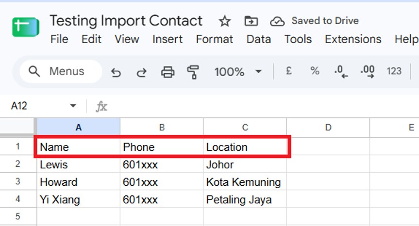 A spreadsheet with Name, Phone and Location in the first row