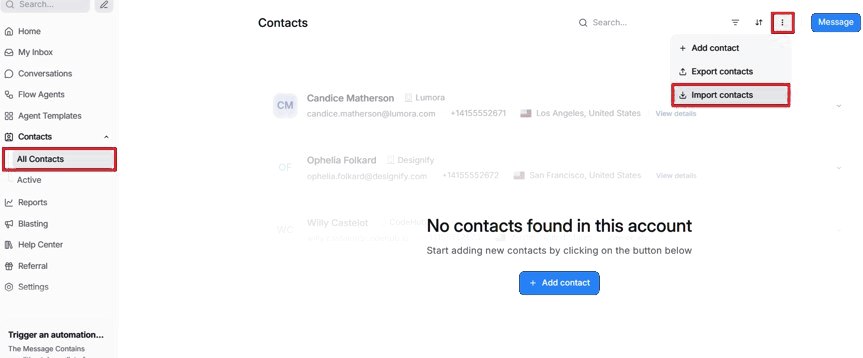 Contacts with the three-dot menu open and Import contacts highlighted