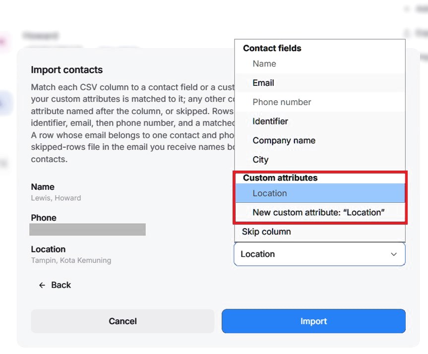 The column options open, with Custom attributes highlighted