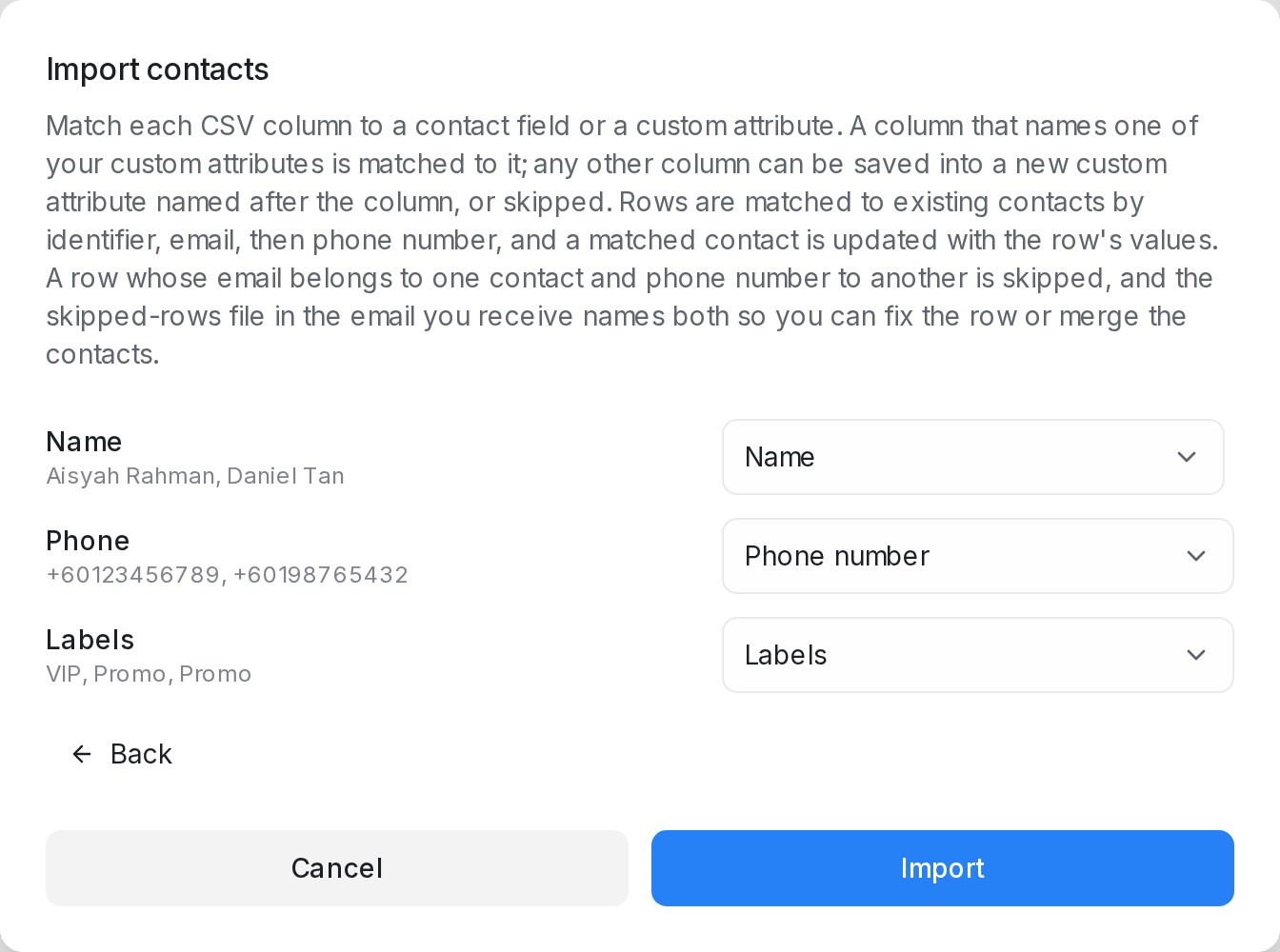 A Labels column matched to Labels in the Import contacts window