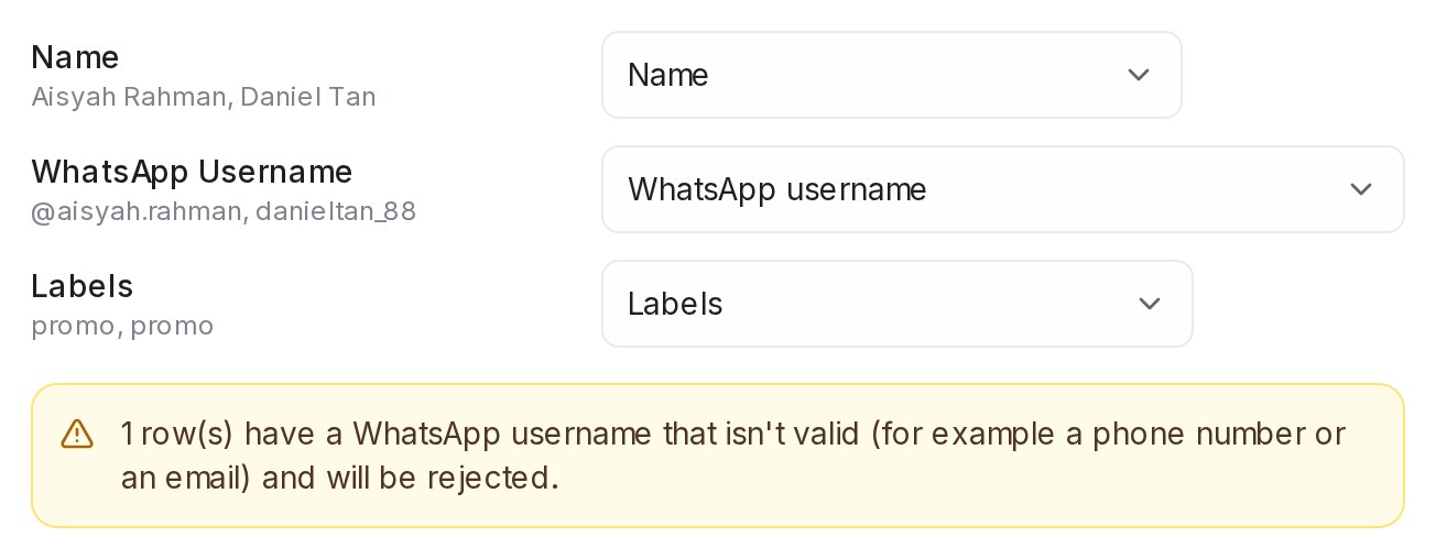 A WhatsApp Username column matched to WhatsApp username, with a warning about one row